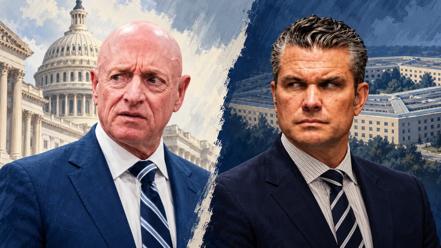 AI-assisted editorial illustration of Mark Kelly and Pete Hegseth in separate panels with the Capitol and Pentagon.