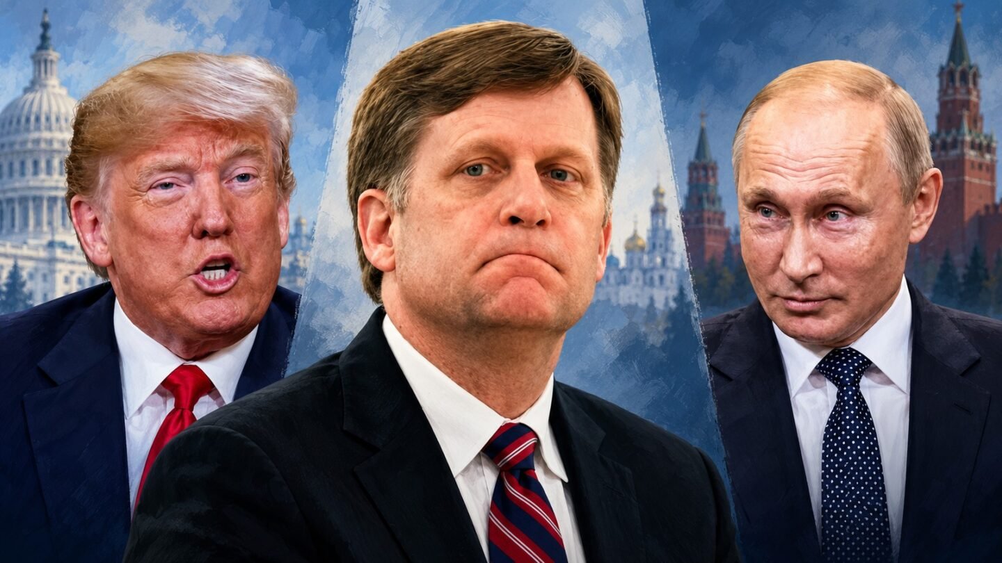 Editorial illustration of Michael McFaul between separate portraits of Donald Trump and Vladimir Putin.