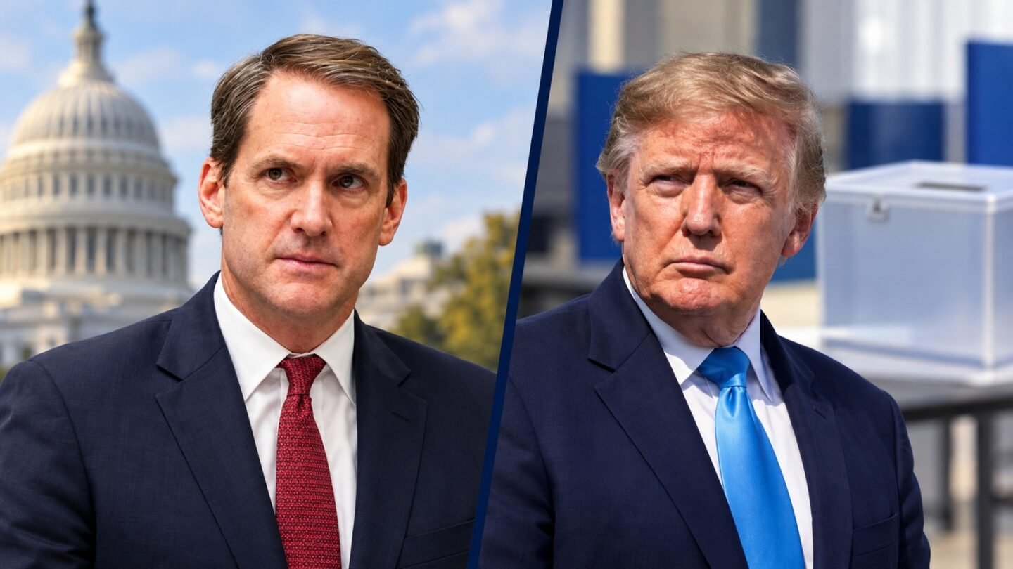 Midterm election warning editorial illustration showing Jim Himes and Donald Trump in separate panels beside the Capitol and a symbolic ballot box.