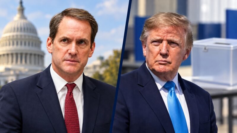 Midterm election warning editorial illustration showing Jim Himes and Donald Trump in separate panels beside the Capitol and a symbolic ballot box.