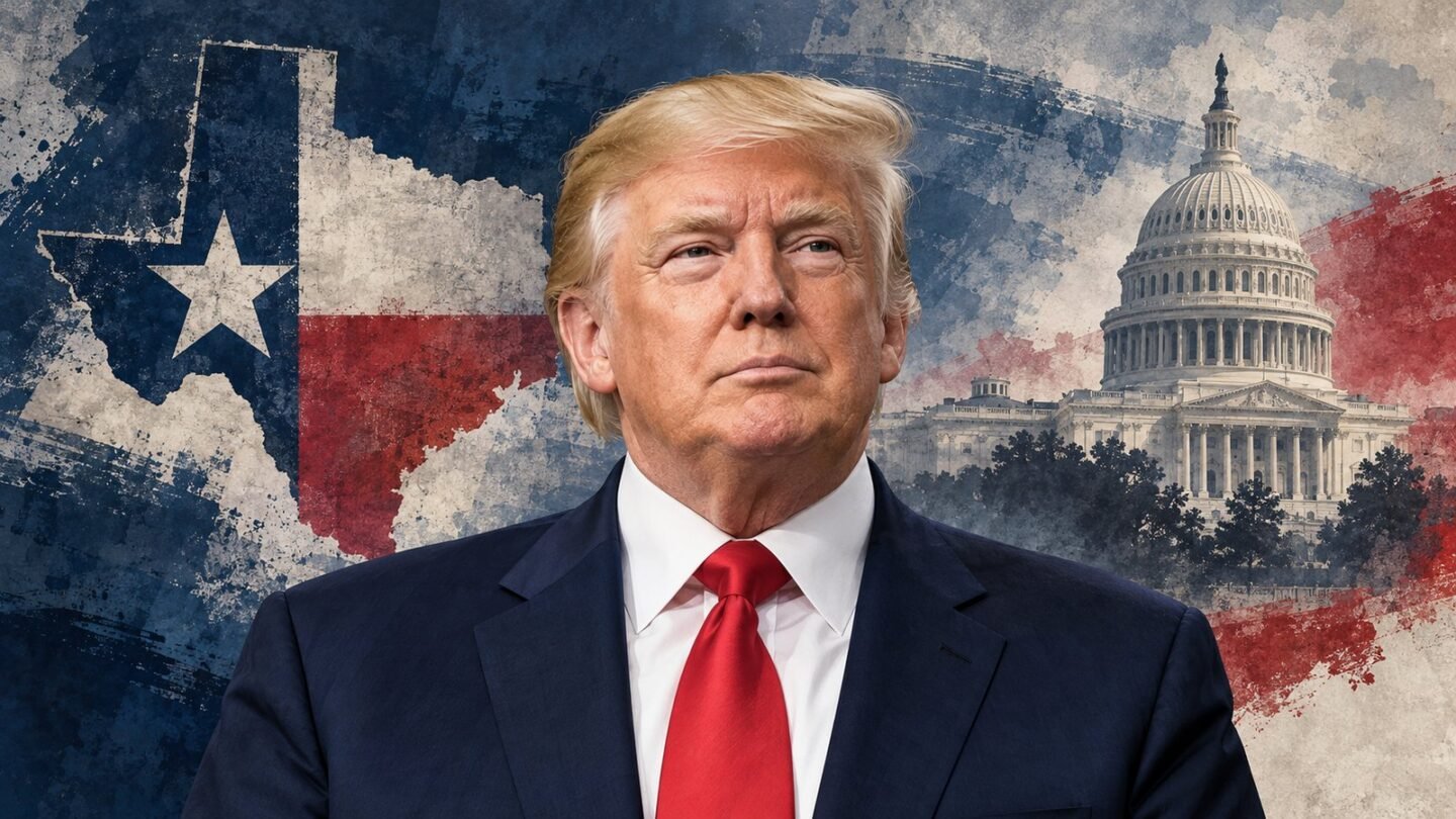 Donald Trump in an editorial illustration about the Texas Senate race and Midterm Elections 2026.