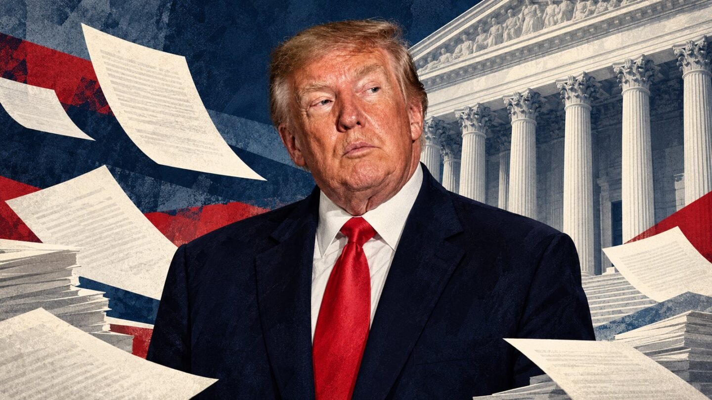 Donald Trump with symbolic court columns and voter records in an editorial illustration about Midterm Elections 2026.