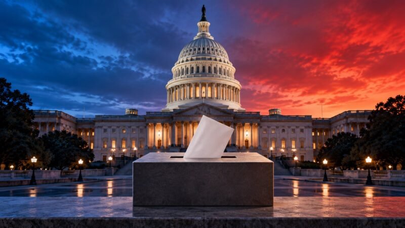 Capitol and ballot-box illustration for Midterm Elections 2026 YouGov polling analysis