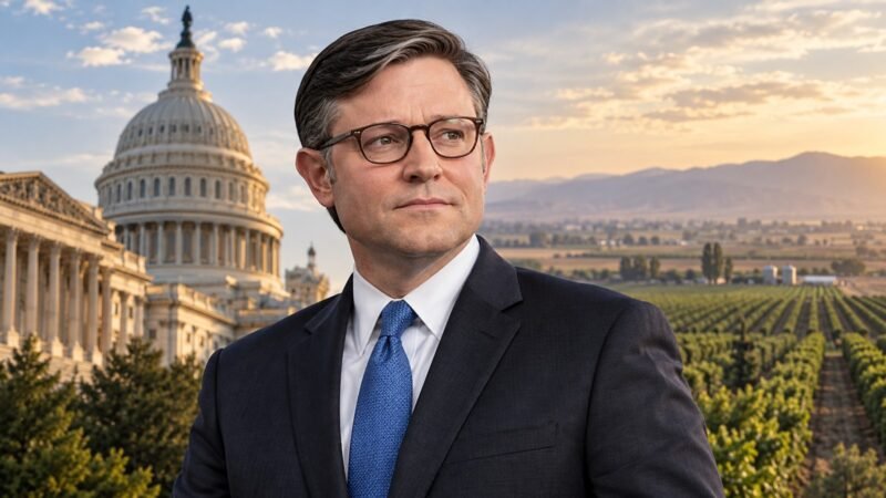 Mike Johnson in an editorial illustration about congressional district campaigning during Midterm Elections 2026
