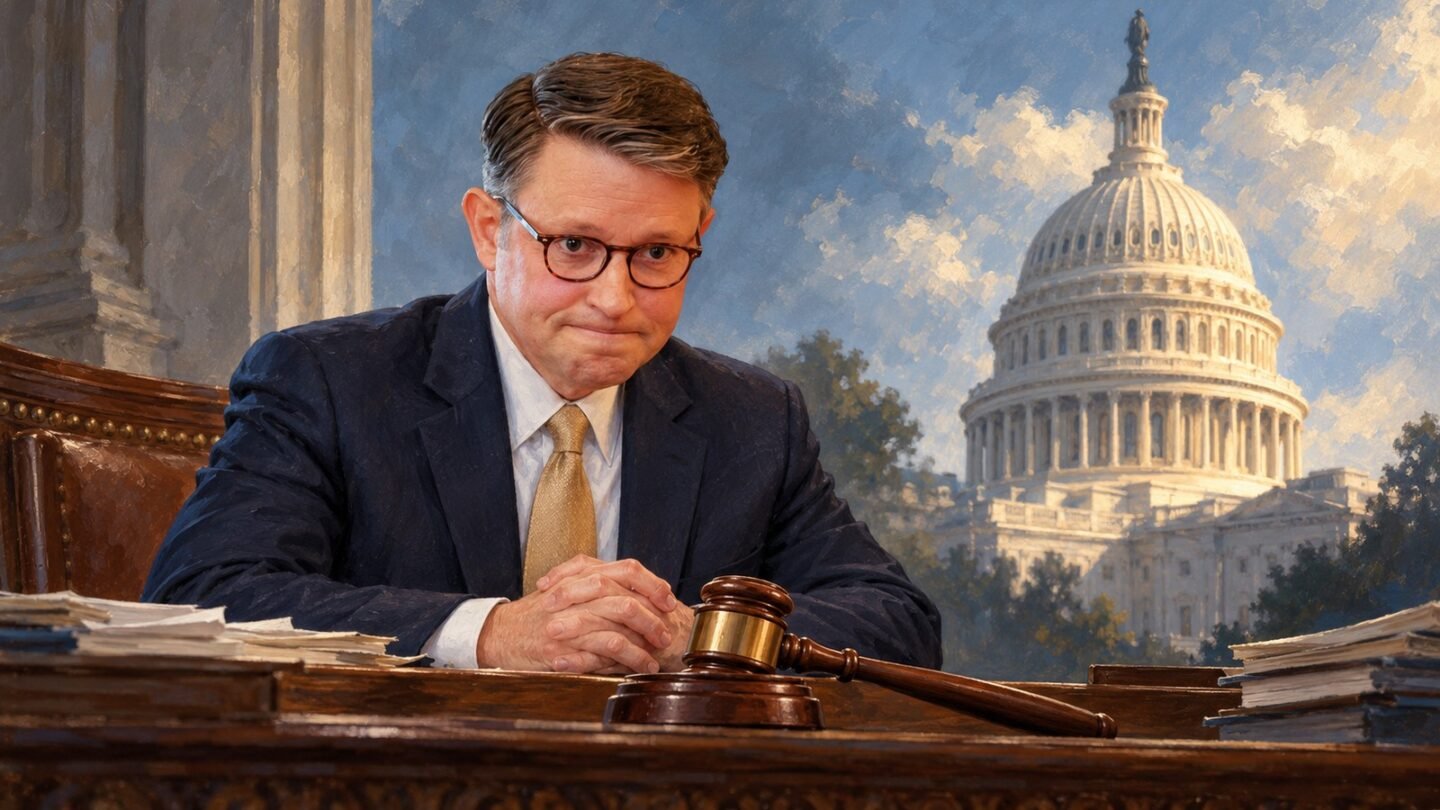 AI-assisted editorial illustration of Mike Johnson, a gavel and the Capitol, accompanying a generic ballot poll report.