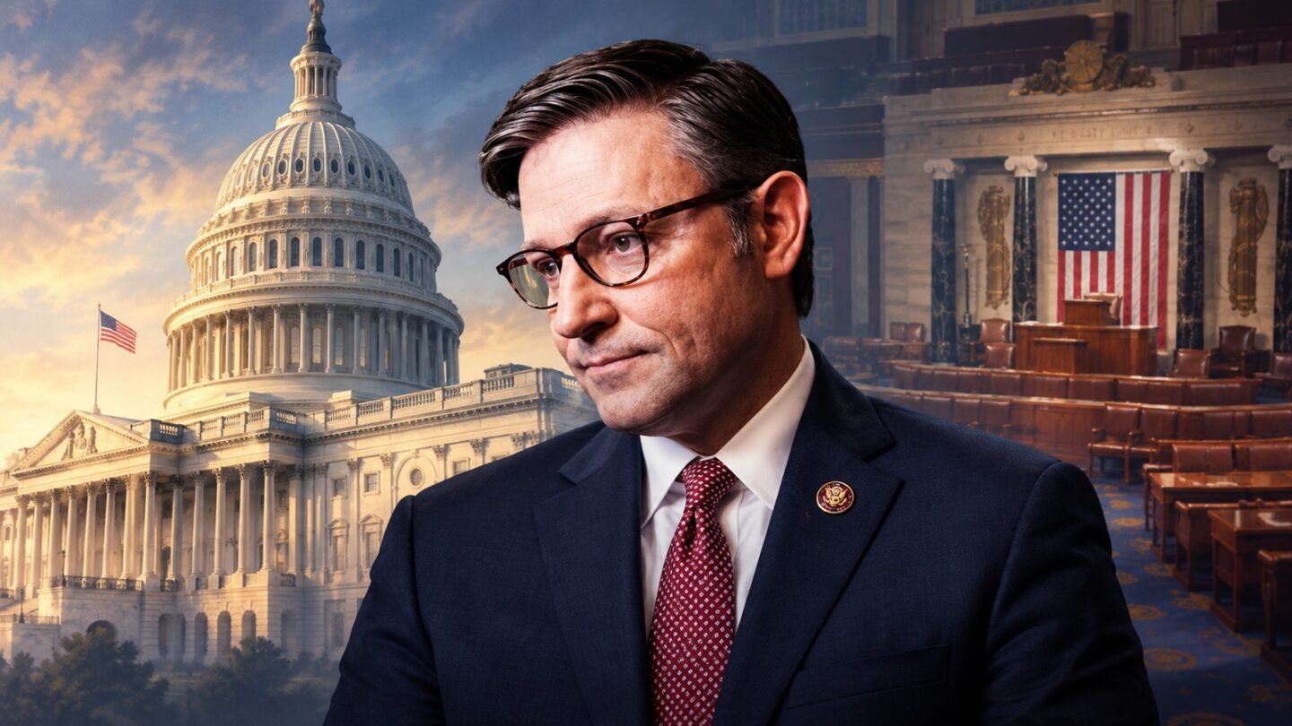 AI-assisted editorial illustration of Mike Johnson with the U.S. Capitol and House chamber.
