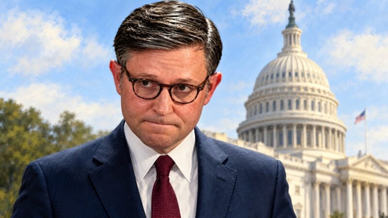 AI-assisted editorial illustration of Mike Johnson with the U.S. Capitol behind him.