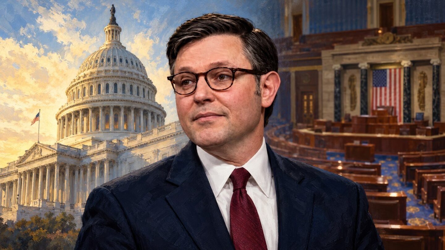 AI-assisted editorial illustration of Mike Johnson with the U.S. Capitol and House chamber behind him.