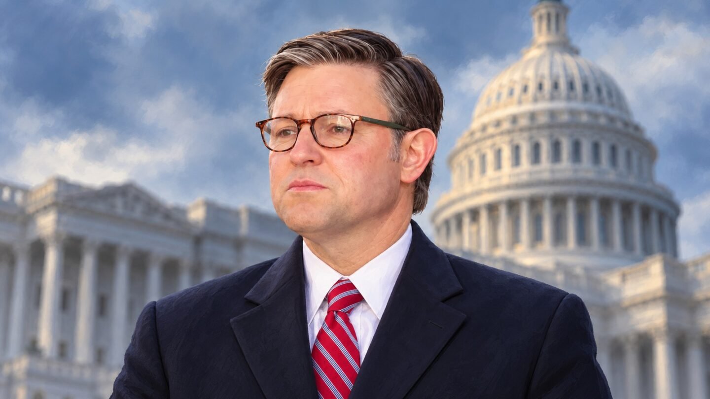 AI-assisted editorial illustration of Mike Johnson with the U.S. Capitol behind him.