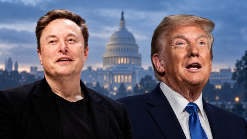 Editorial illustration of Elon Musk and Donald Trump with the Capitol behind them, representing Musk midterm donations