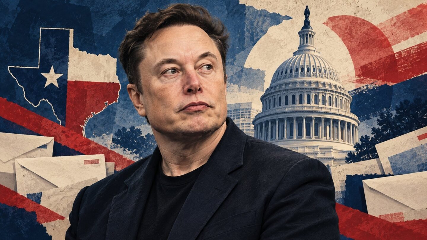 Editorial illustration of Elon Musk, the Capitol and Texas representing Musk midterm spending.