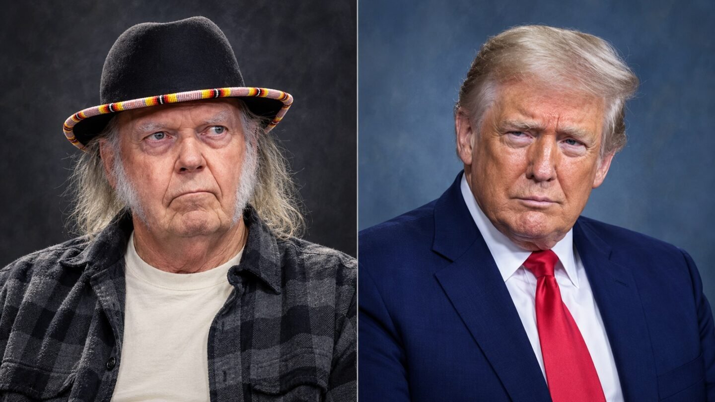 AI-assisted editorial illustration of Neil Young and Donald Trump in separate portraits accompanying a copyright lawsuit report.