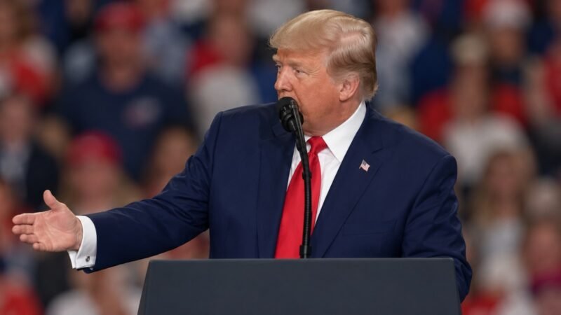 AI-assisted editorial illustration of Donald Trump speaking at a rally, representing his remarks about Nicki Minaj