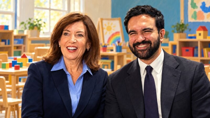Kathy Hochul and Zohran Mamdani in an editorial illustration representing New York City’s planned 2-K expansion.