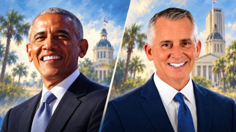 AI-assisted editorial illustration showing Barack Obama and David Jolly in separate portraits as Obama endorses David Jolly for Florida governor.
