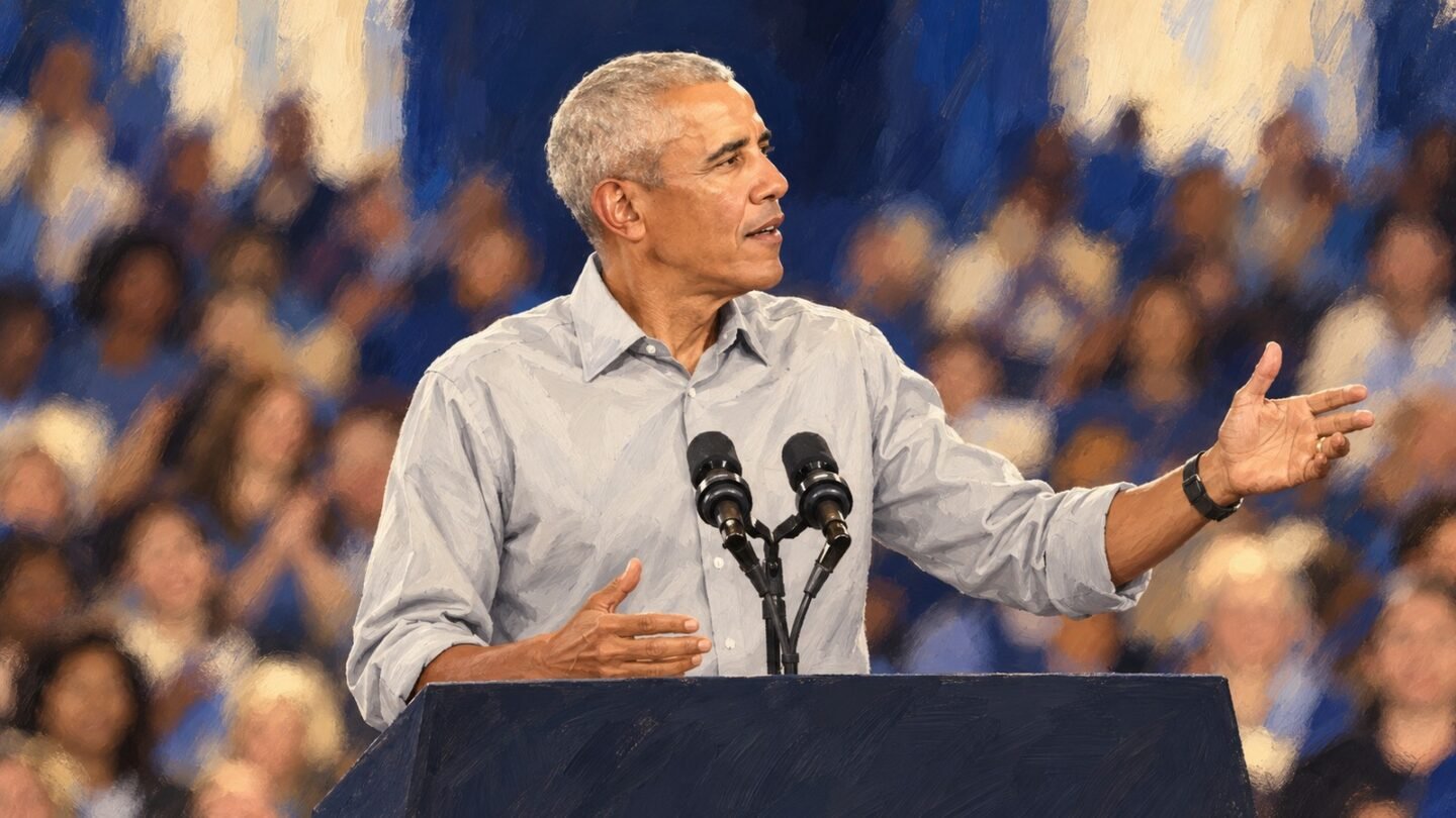 AI-assisted editorial illustration of Barack Obama speaking at microphones for an Obama job growth fact check.
