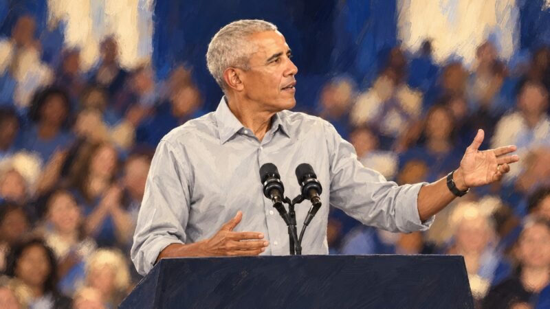AI-assisted editorial illustration of Barack Obama speaking at microphones for an Obama job growth fact check.