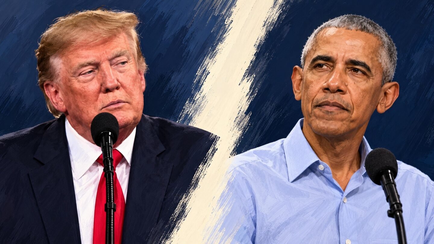 AI-assisted editorial illustration of Donald Trump and Barack Obama in separate portraits for an Obama rally crowd fact check.