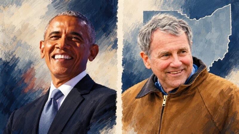 Barack Obama and Sherrod Brown in separate editorial portraits representing Obama’s endorsement in Ohio’s Senate election.