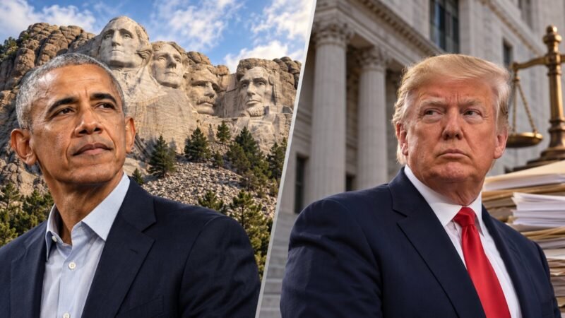 Obama and Trump in an editorial illustration about Mount Rushmore and Trump’s felony sentence