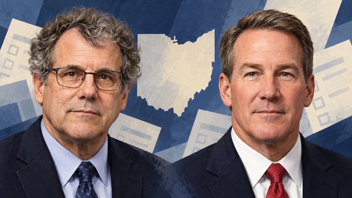 Midterm Elections 2026 editorial illustration of Sherrod Brown and Jon Husted beside an Ohio outline and abstract ballots