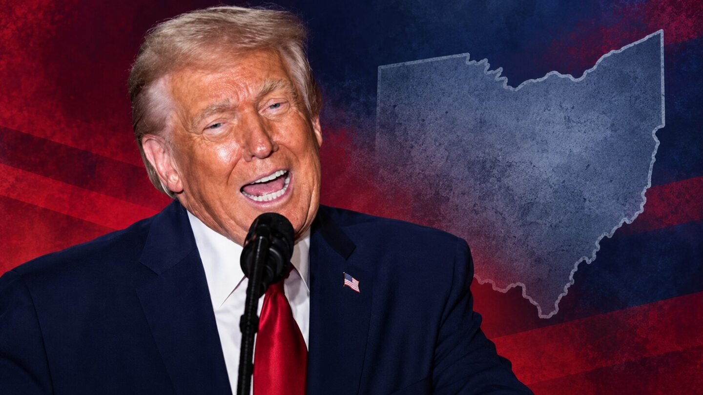 AI-assisted editorial illustration of Donald Trump speaking beside an Ohio outline, representing his Ohio funding warning.
