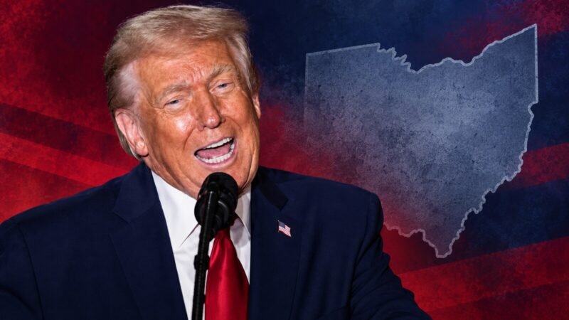 AI-assisted editorial illustration of Donald Trump speaking beside an Ohio outline, representing his Ohio funding warning.