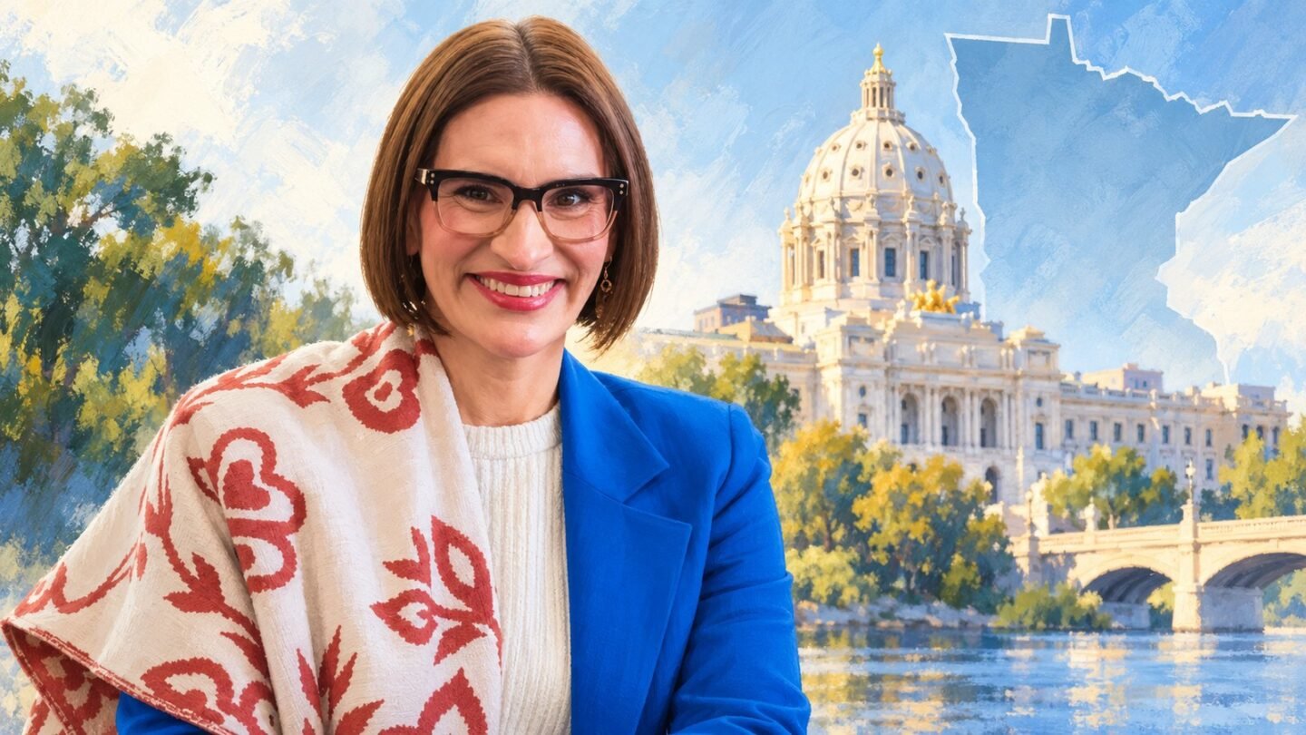 Peggy Flanagan in an editorial illustration with the Minnesota State Capitol, representing her U.S. Senate campaign.