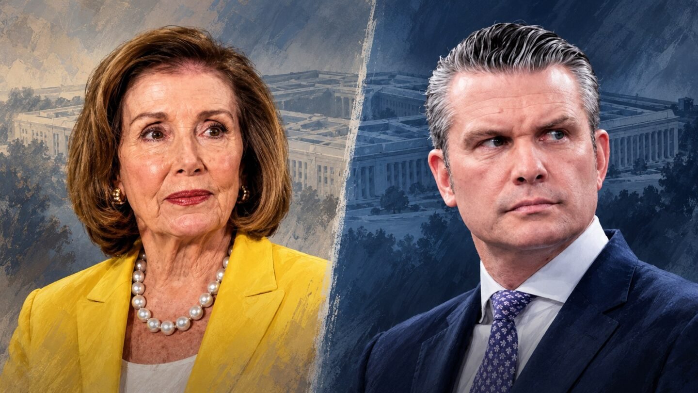 AI-assisted editorial illustration of Nancy Pelosi and Pete Hegseth accompanying coverage of the Hegseth Signal report.