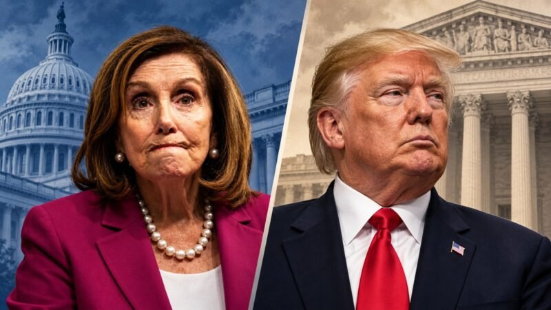 AI-assisted editorial illustration of Nancy Pelosi and Donald Trump in separate panels for a Pelosi prison remark fact check.