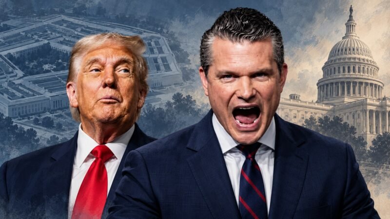 AI-assisted editorial illustration of Pete Hegseth and Donald Trump with Pentagon and Capitol backgrounds.
