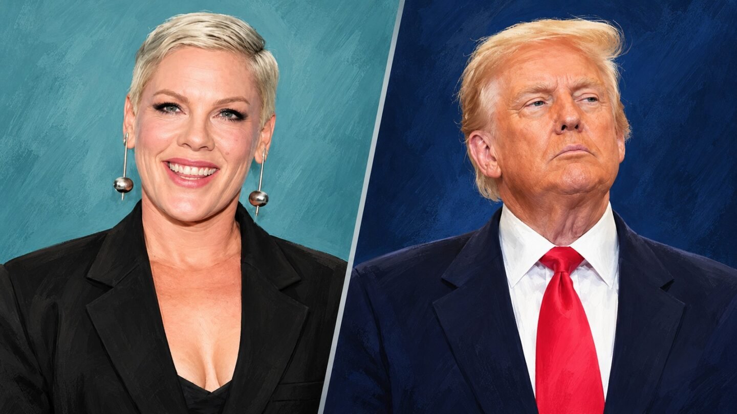 Pink quote fact-check illustrated with separate portraits of the singer and Donald Trump.