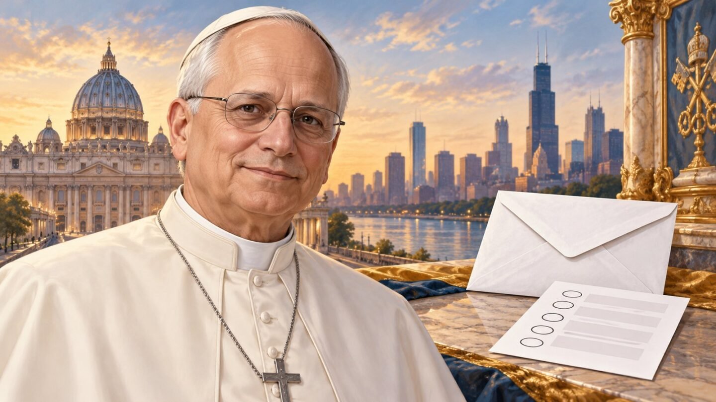 Pope Leo XIV beside a symbolic mail ballot and envelope, with Vatican and Chicago landmarks in an AI-assisted editorial illustration.