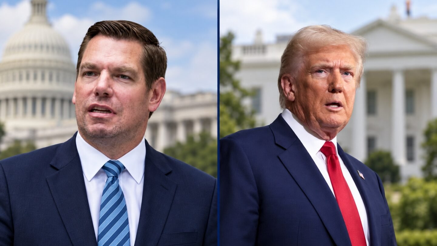 Presidential Crimes Commission editorial illustration showing Eric Swalwell and Donald Trump in separate panels.