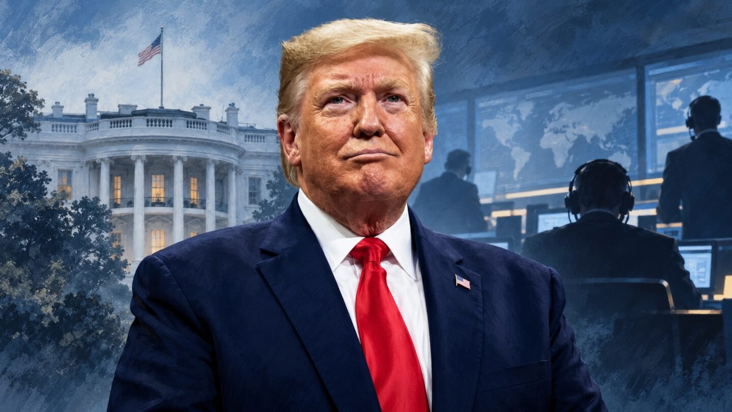 Editorial illustration of Donald Trump with the White House and symbolic communications equipment for a presidential fitness fact-check.