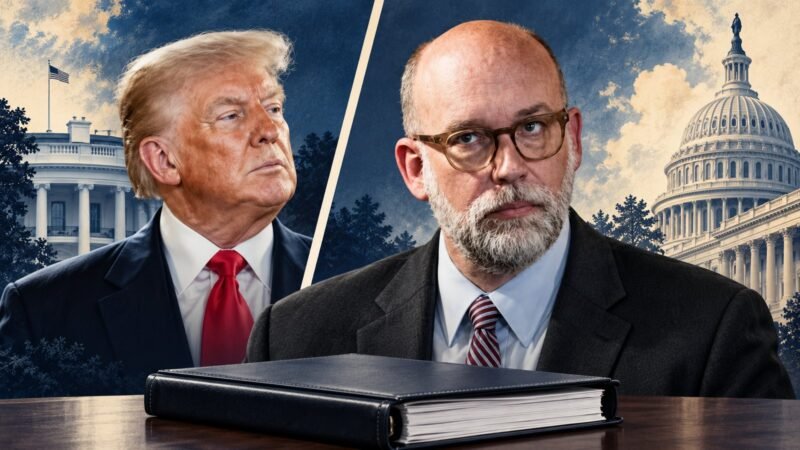 AI-assisted editorial illustration of Russ Vought and Donald Trump in separate panels accompanying a Project 2025 treason claim fact check.