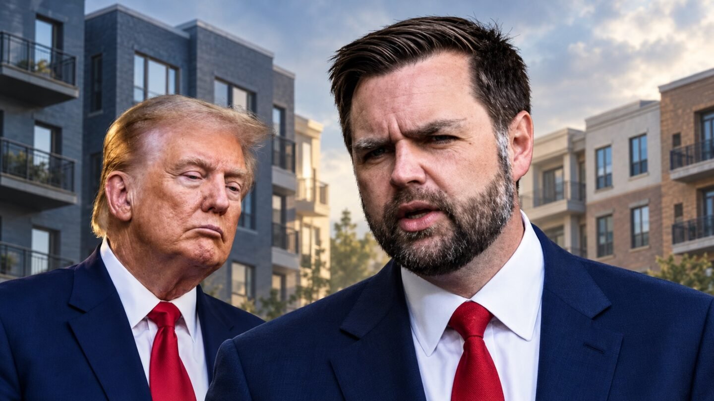 Editorial illustration of JD Vance and Donald Trump with apartment buildings for a fact-check about rent prices.