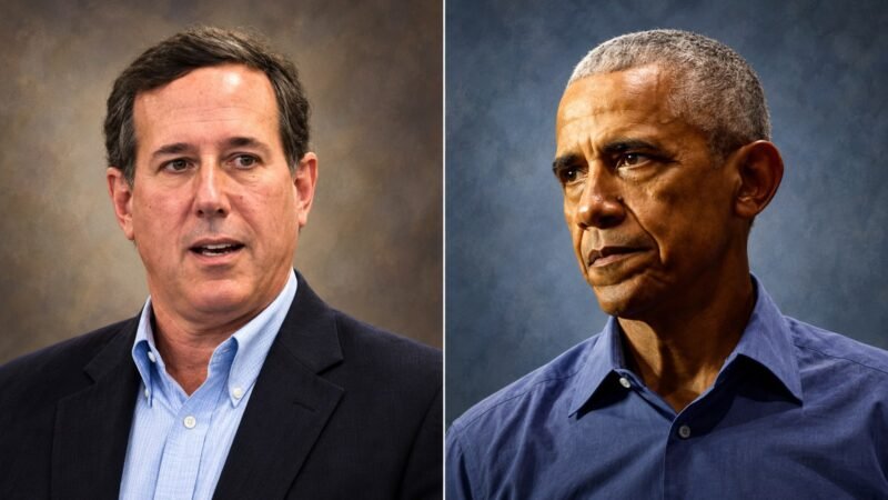AI-assisted editorial illustration showing Rick Santorum and Barack Obama in separate portrait panels.
