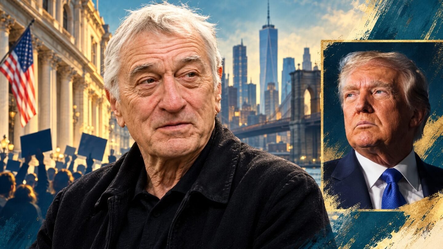 AI-assisted editorial illustration of Robert De Niro with a separate Donald Trump portrait, representing the De Niro speech about voting rights.