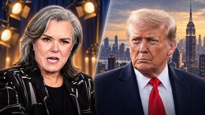 Editorial illustration of Rosie O’Donnell and Donald Trump in separate panels representing Rosie O’Donnell’s Trump criticism.