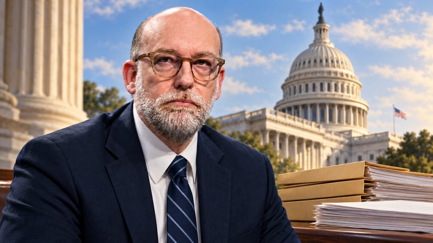 AI-assisted editorial illustration of Russ Vought, the U.S. Capitol and policy folders representing congressional oversight of Project 2025.