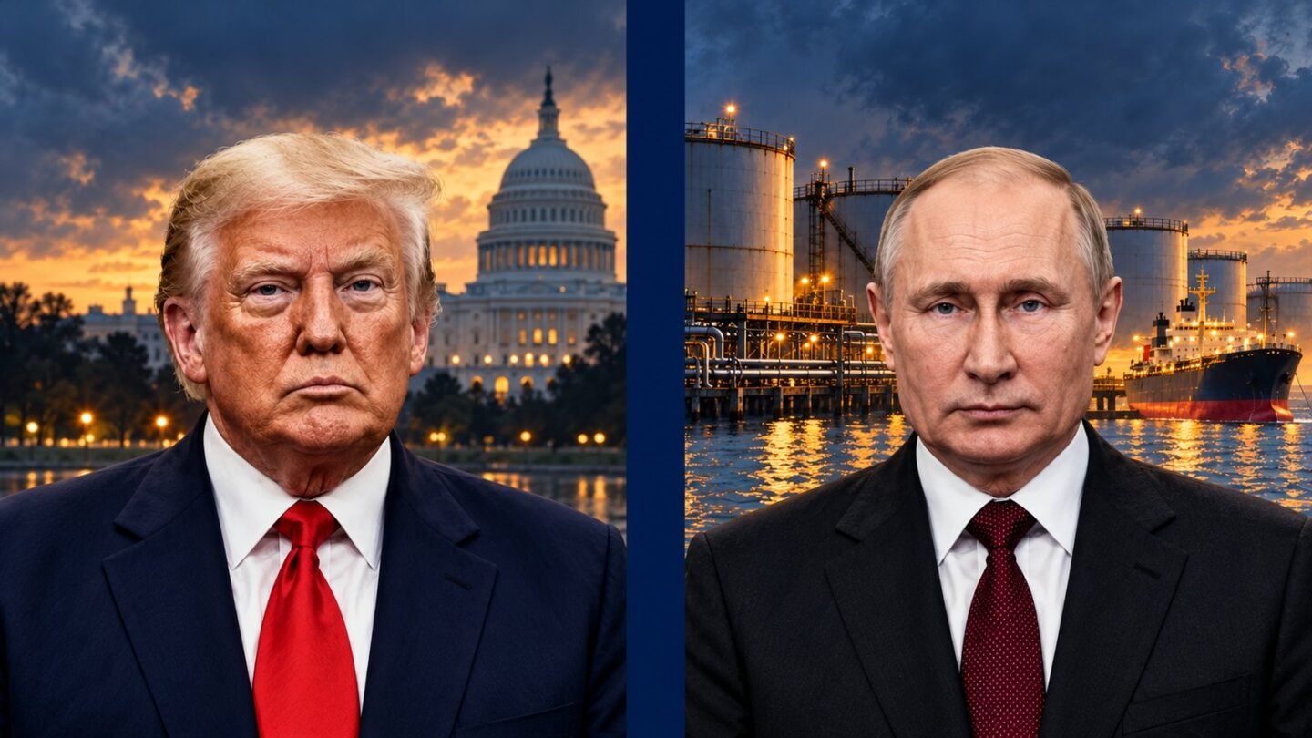 AI-assisted editorial illustration of Donald Trump and Vladimir Putin in separate panels representing the Russian diesel deal.