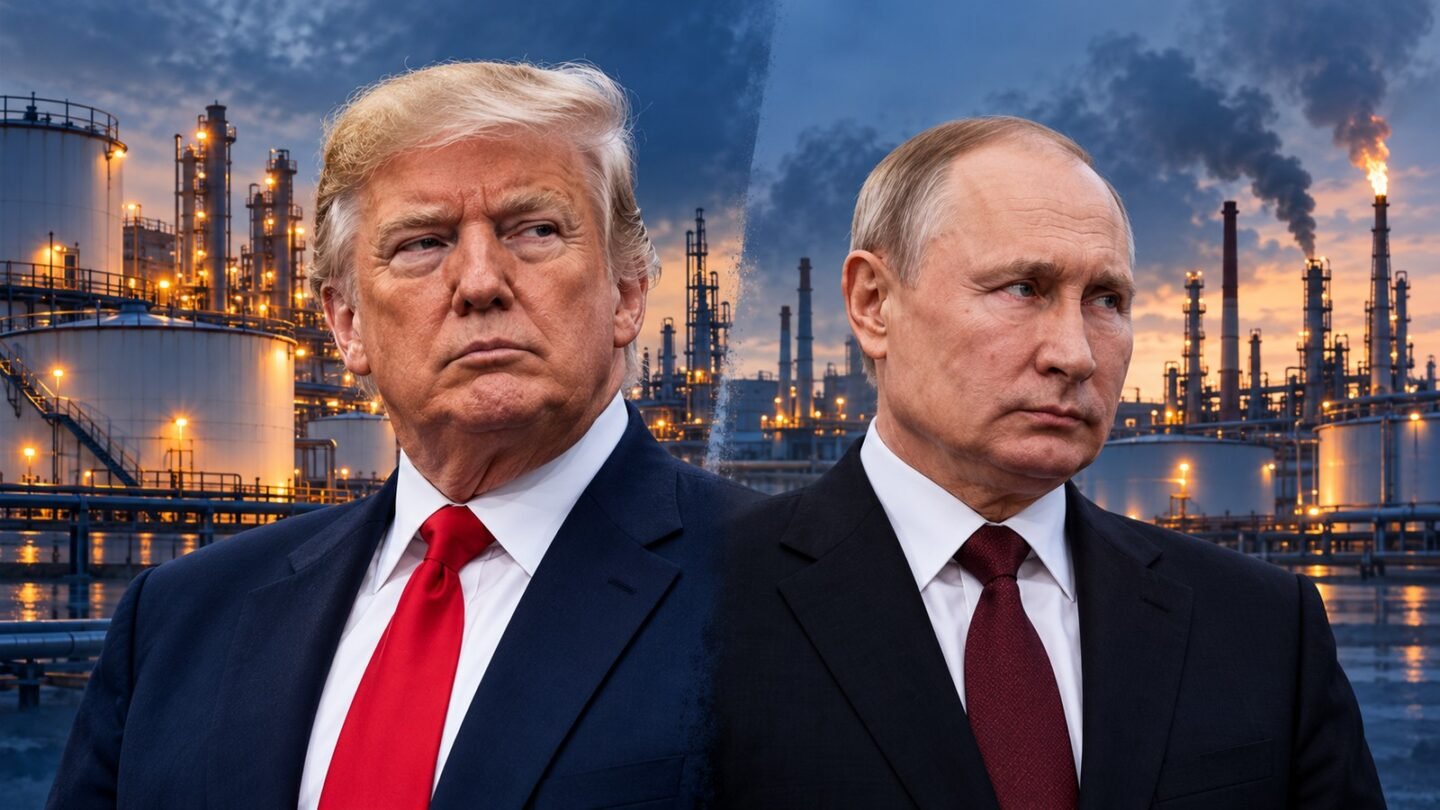 Editorial illustration of Donald Trump and Vladimir Putin with refinery imagery representing the Russian diesel agreement.