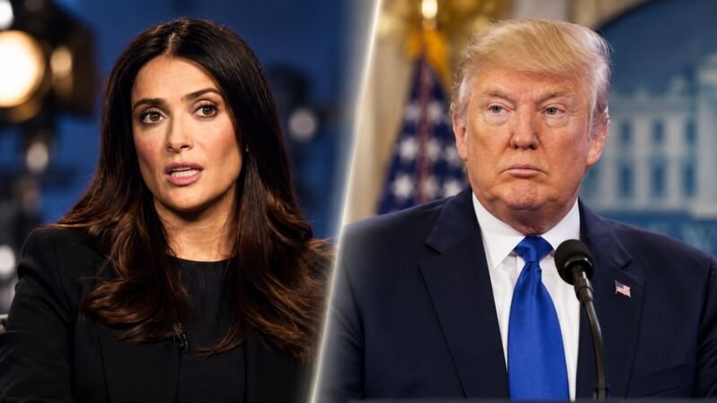 Salma Hayek on Trump in a split editorial illustration about her political criticism