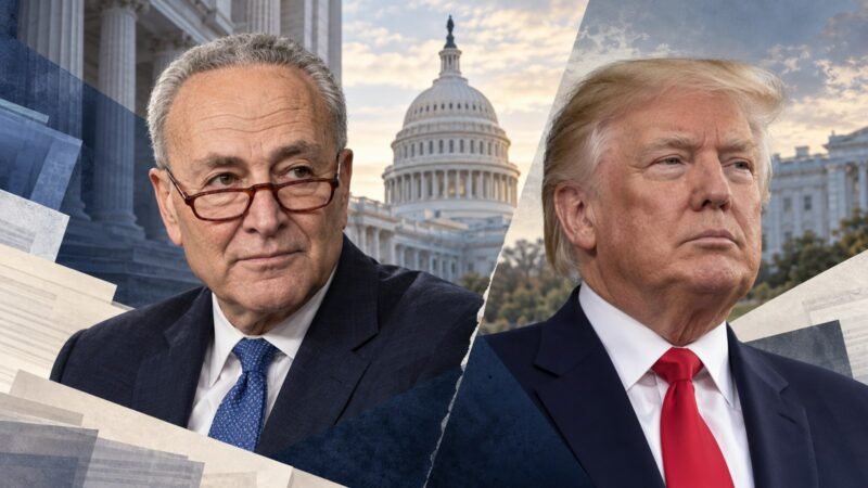 Chuck Schumer and Donald Trump in an editorial illustration about congressional stock trading and Midterm Elections 2026.