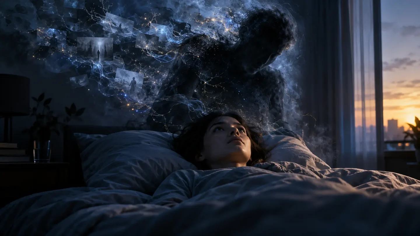 Sleep paralysis demon represented as a shadow beside a person waking during REM sleep