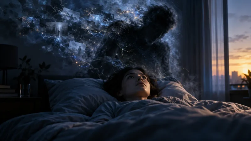 Sleep paralysis demon represented as a shadow beside a person waking during REM sleep