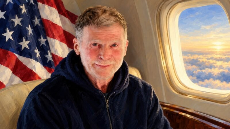AI-assisted editorial illustration of Stephen Hubbard inside an aircraft with an American flag, representing his release from Russian custody.