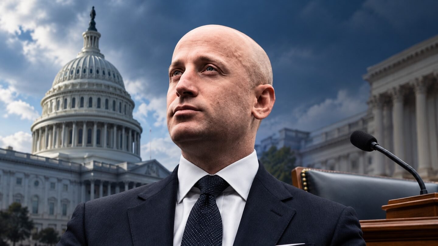 AI-assisted editorial illustration of Stephen Miller with the U.S. Capitol and a hearing microphone, representing possible congressional oversight.