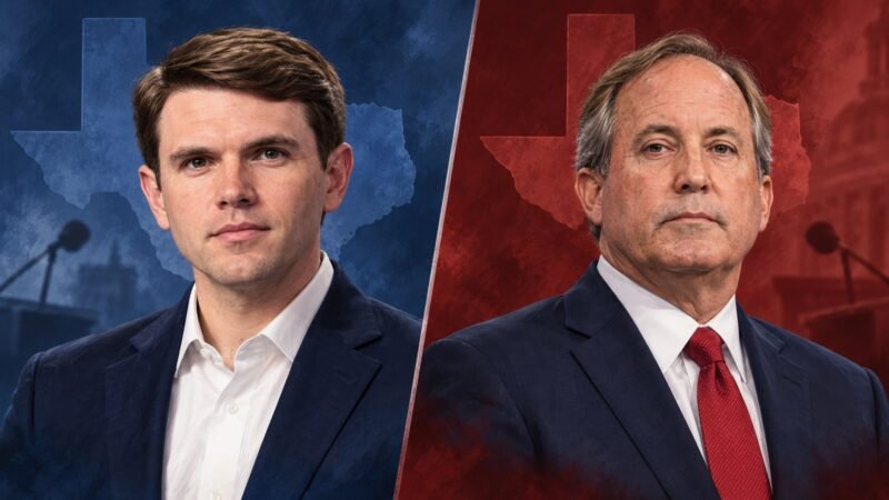 James Talarico and Ken Paxton in separate editorial portraits for the Texas Senate race in Midterm Elections 2026